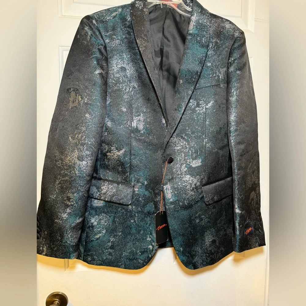 Egara Men’s Galaxy Dinner Jacket Blazer Sz 38R Slim Fit Teal Black Silver NWT - Picture 2 of 12